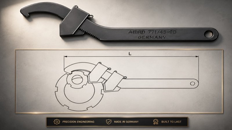 Adjustable C wrench gripping a bolt for precision fastening
