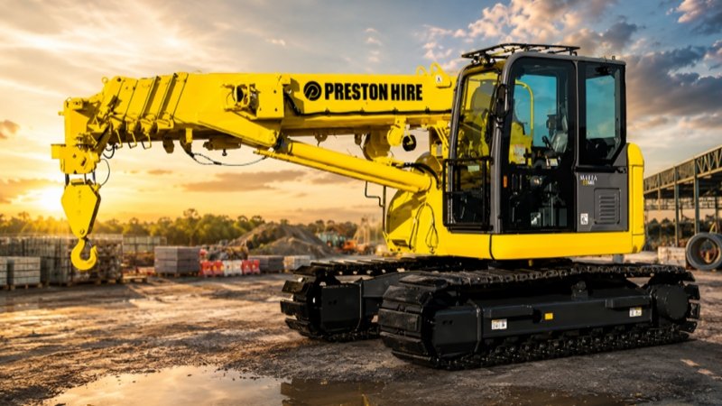 Mini crane hire lifting steel components on a construction site