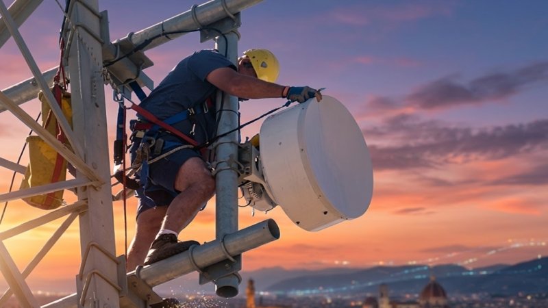 Wireless microwave link tower transmitting data across long distance