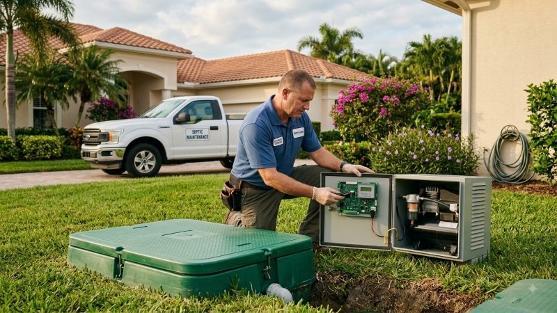 ATU service technician inspecting an aerobic treatment unit in Palm Beach FL