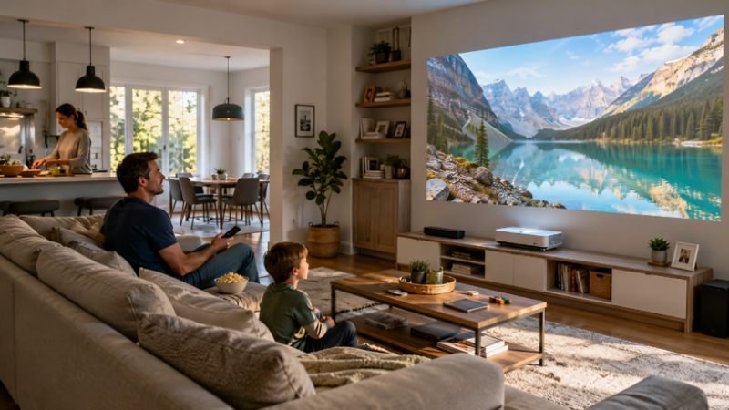All-day entertainment setup with a UST laser projector in a flexible modern living room