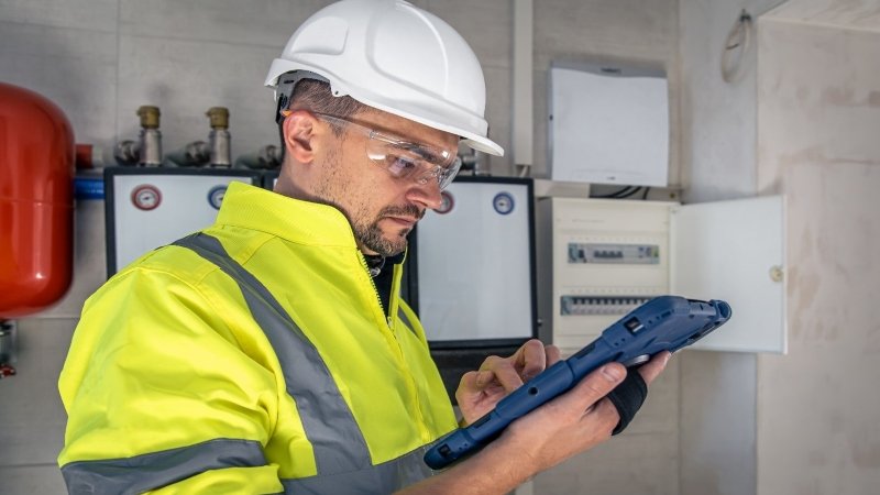 Technician performing commercial fire protection inspection on sprinkler system