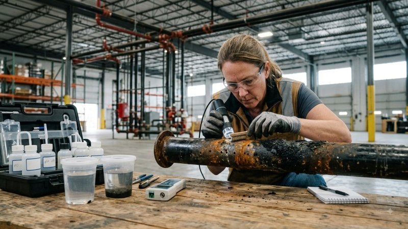 Corrosion specialist testing sprinkler pipe with pinhole leaks and black sludge