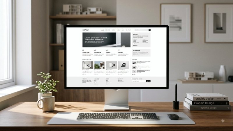 Minimalist web design layout with clear navigation, organized content, and balanced white space