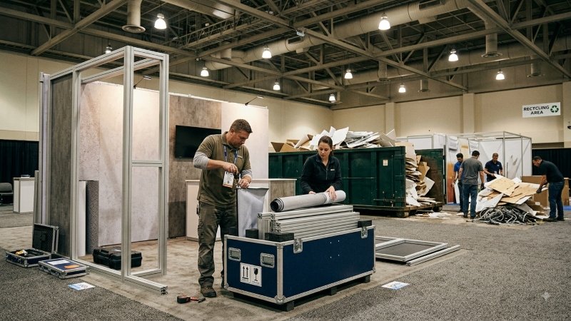 Reusable trade show booth being dismantled and packed for another exhibition