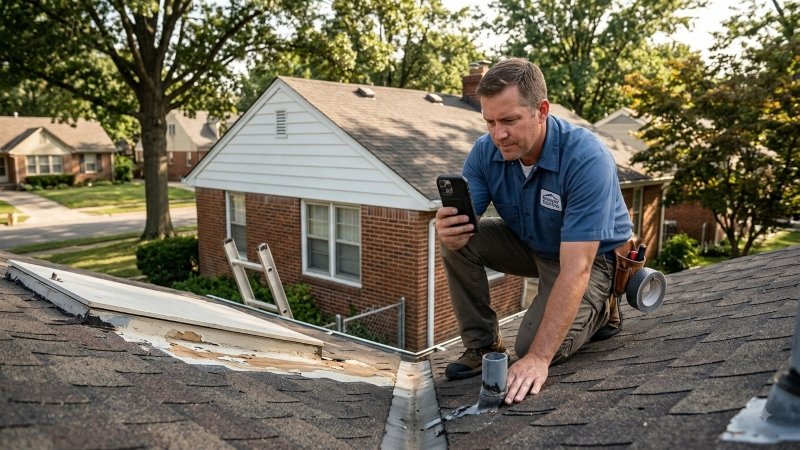 Roofing contractor documenting a roof leak repair on a Shawnee KS bungalow