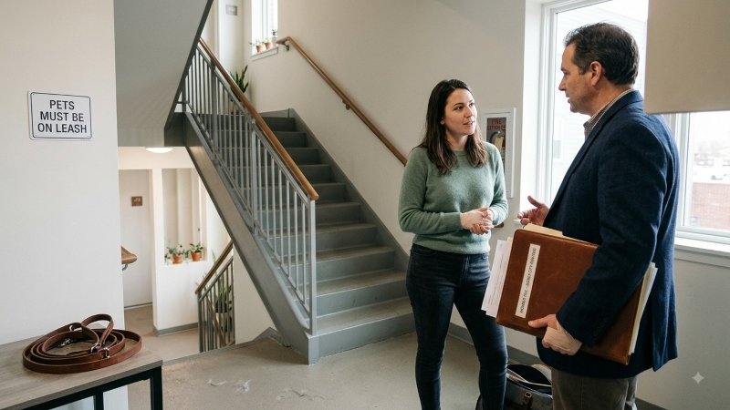 Lawyer discussing a dog bite claim in a New Jersey apartment stairwell