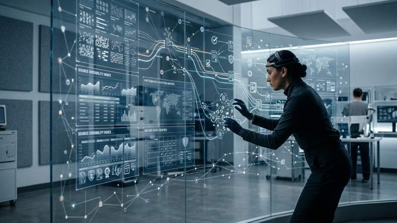 AI research workflows analyzing web sources, verifying evidence, and securing reliable information