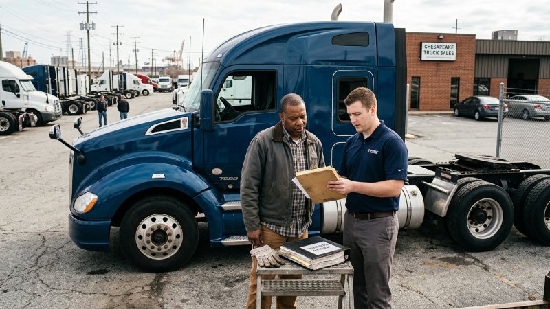 Used semi truck at a Baltimore MD dealership being inspected by a first-time truck buyer