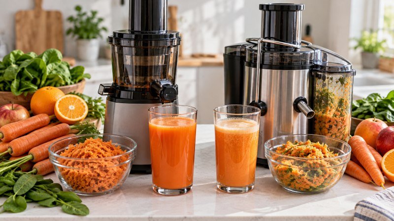 Cold press juicer machine and centrifugal juicer comparing juice yield from fresh fruits and vegetables.