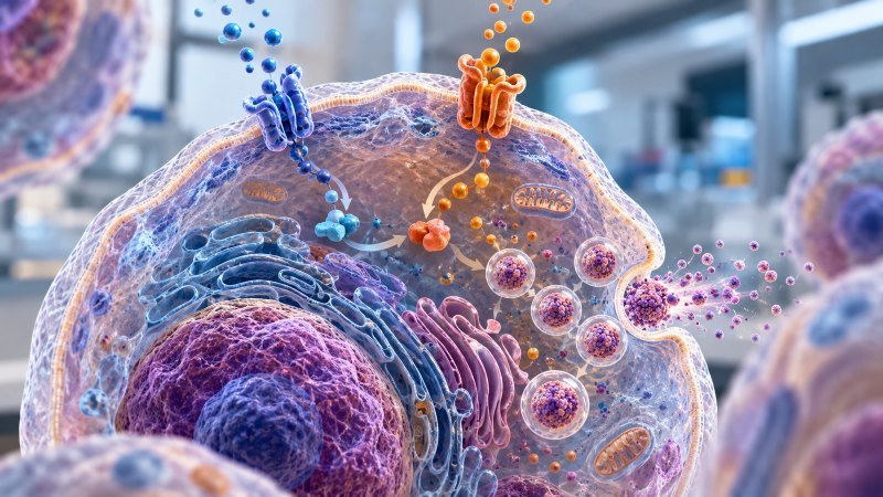 Scientific illustration of an anterior pituitary somatotroph cell showing receptor signaling pathways and growth hormone secretory vesicles.