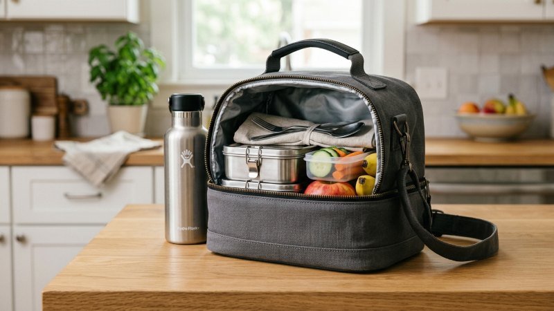 Open insulated lunch bag with organised food containers, fresh fruit, cutlery, and a reusable water bottle.