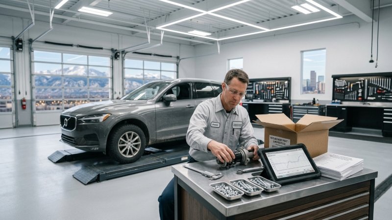 Mechanic checking replacement car parts for fit and safety in Denver