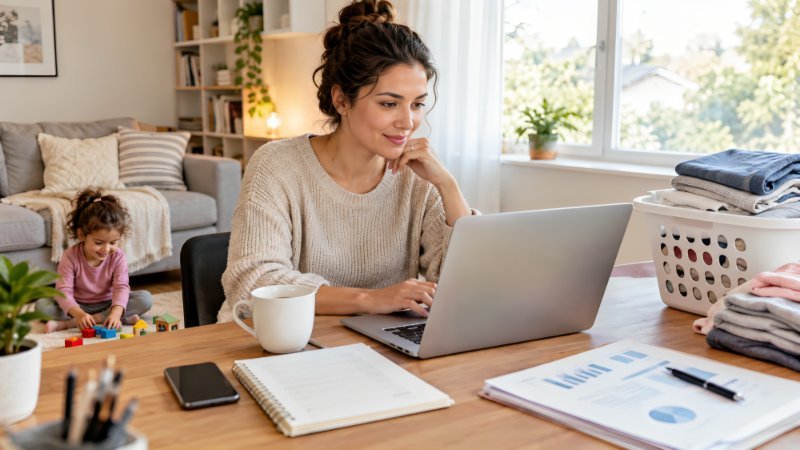 Single mother working on a laptop at home while balancing childcare and household responsibilities.