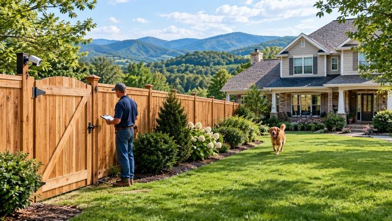 Wood privacy fence and landscaped residential property in East Tennessee
