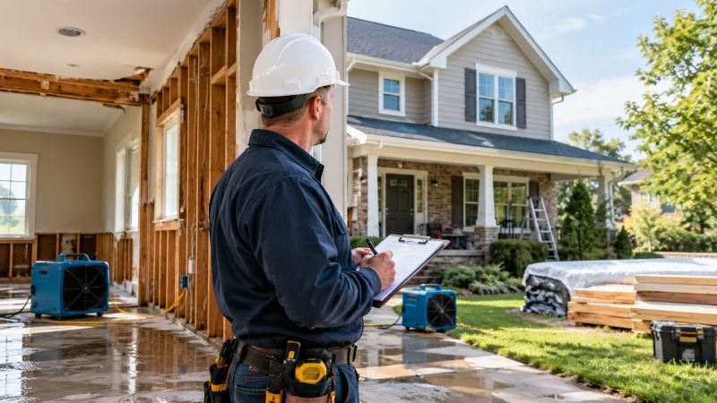 Home restoration contractor inspecting a damaged house in West Central Illinois