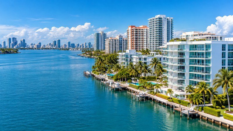 Waterfront condominiums and residential buildings along Biscayne Bay in Miami Beach, Florida