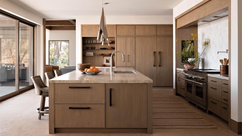 Desert-modern kitchen remodel in a La Quinta, California home with a natural stone island and warm wood cabinets.